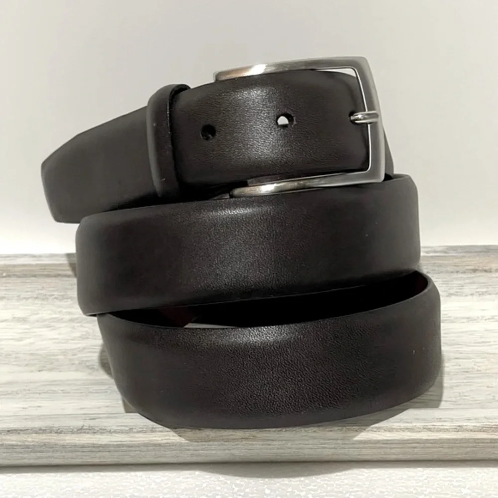 Dark Brown Leather Belt with Silver Buckle Size 40